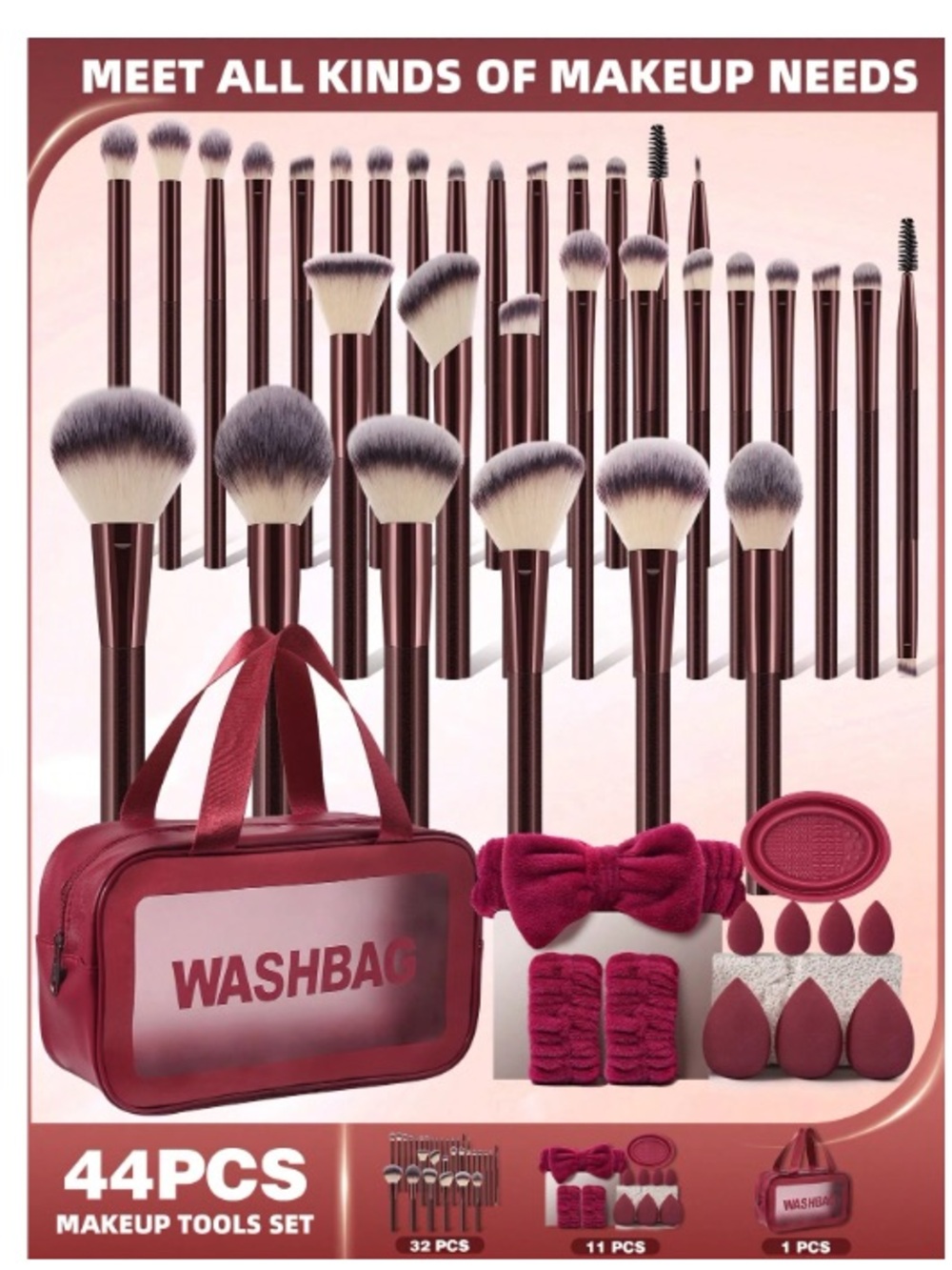 Source Unknown Burgundy 44-Piece Makeup Brush and Tool Set